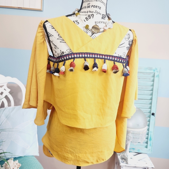 cleo Tops - Cleo Boho Tassle Cold Shoulder Blouse